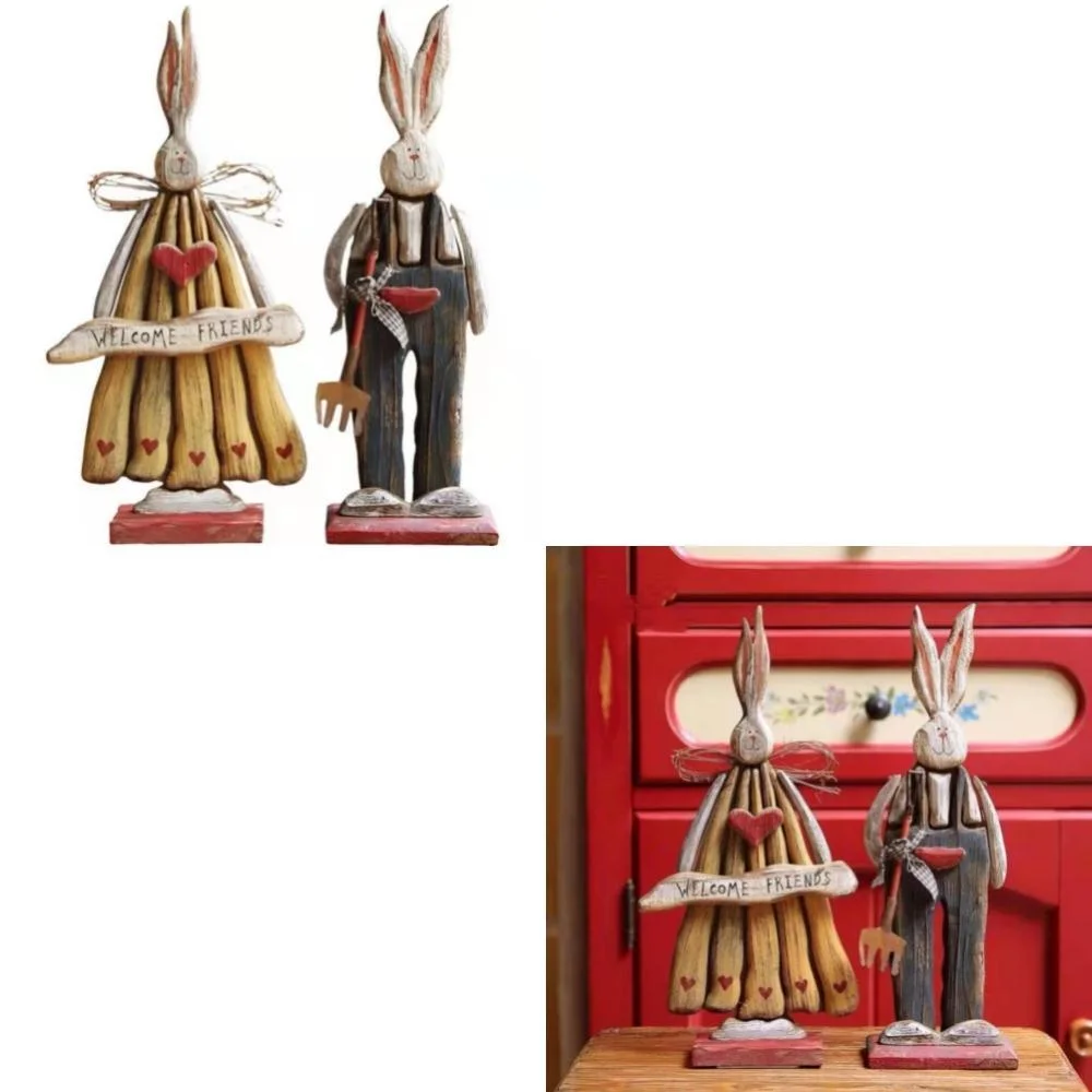 Wooden Old Rabbit Ornaments American Country Style Courtyard Decoration Shop Living Room Ornaments Crafts Bl18725
