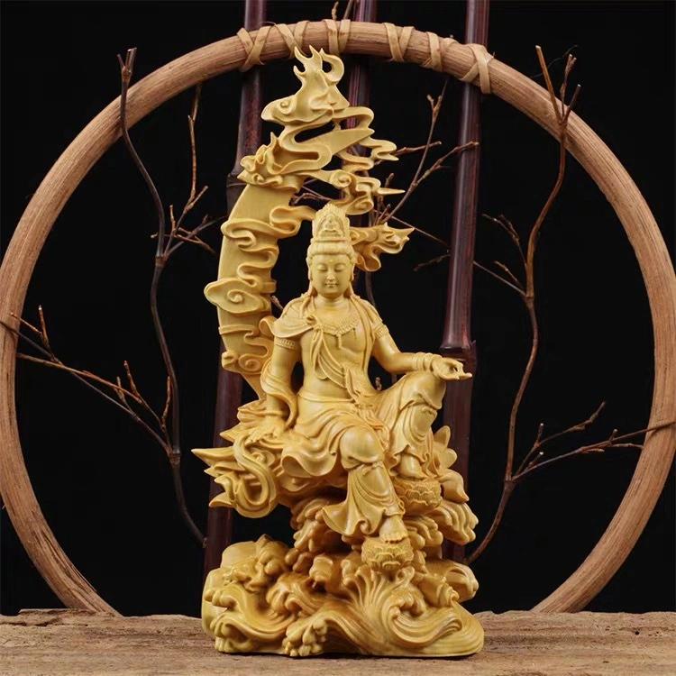 Boxwood Carving Water Moon Guan Yin Bodhisattva Decoration Solid Wood Carving Crafts