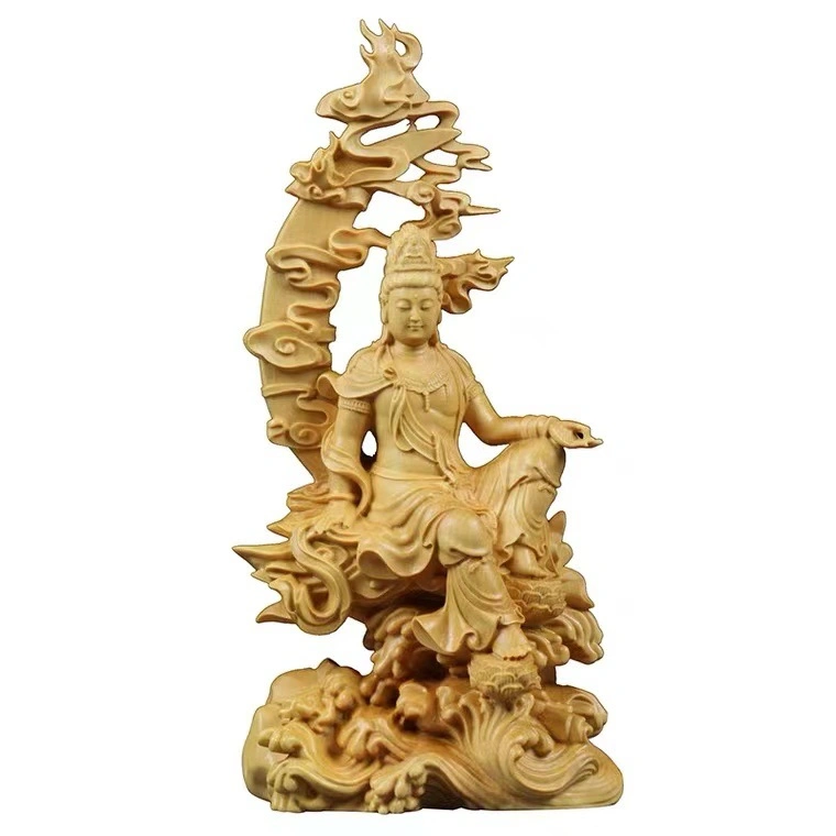 Boxwood Carving Water Moon Guan Yin Bodhisattva Decoration Solid Wood Carving Crafts